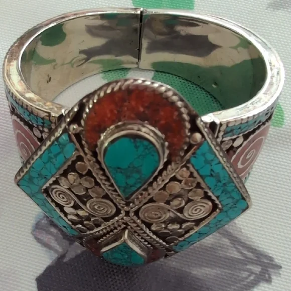 Turquoise and Coral Stone Tibetan Silver Bracelet - Picture 5 of 11